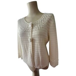 Ruby Rd. Embellished Cream Knit Cardigan Vintage 1990's Size Petite XL Grandma